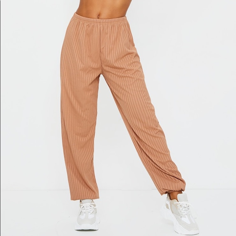Camel Ribbed Casual Joggers